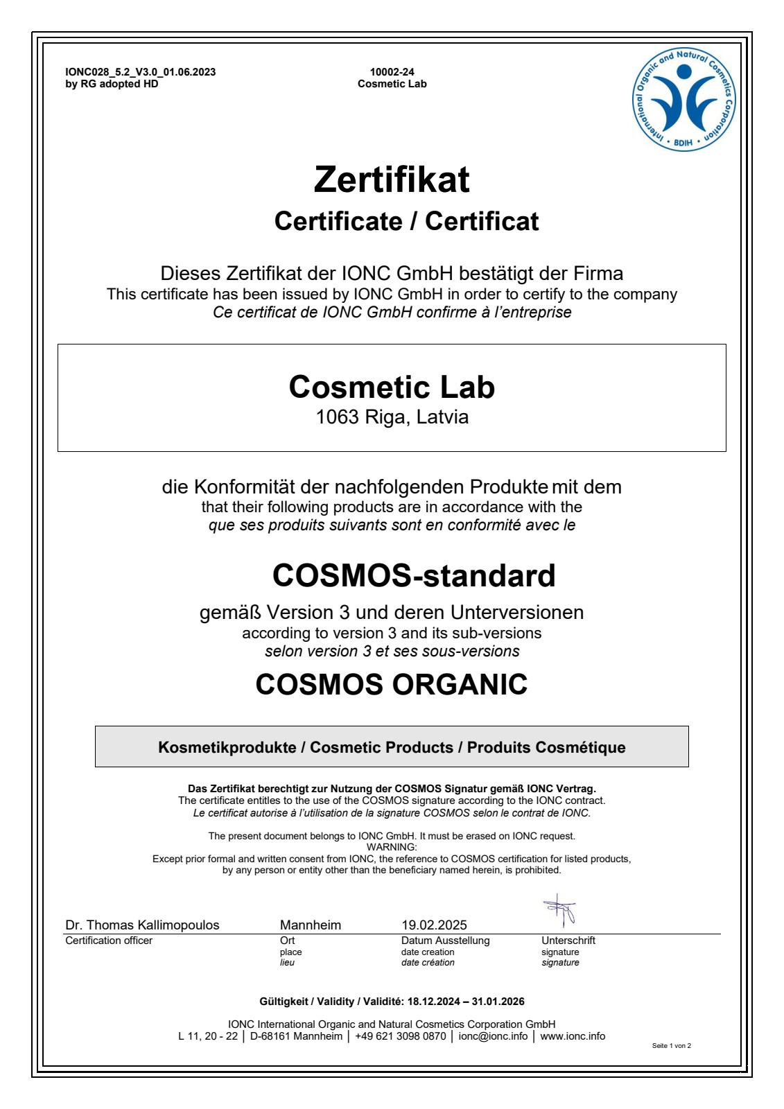 COSMOS Organic certificate issued to Cosmetic Lab by IONC GmbH — certified cosmetics manufacturer