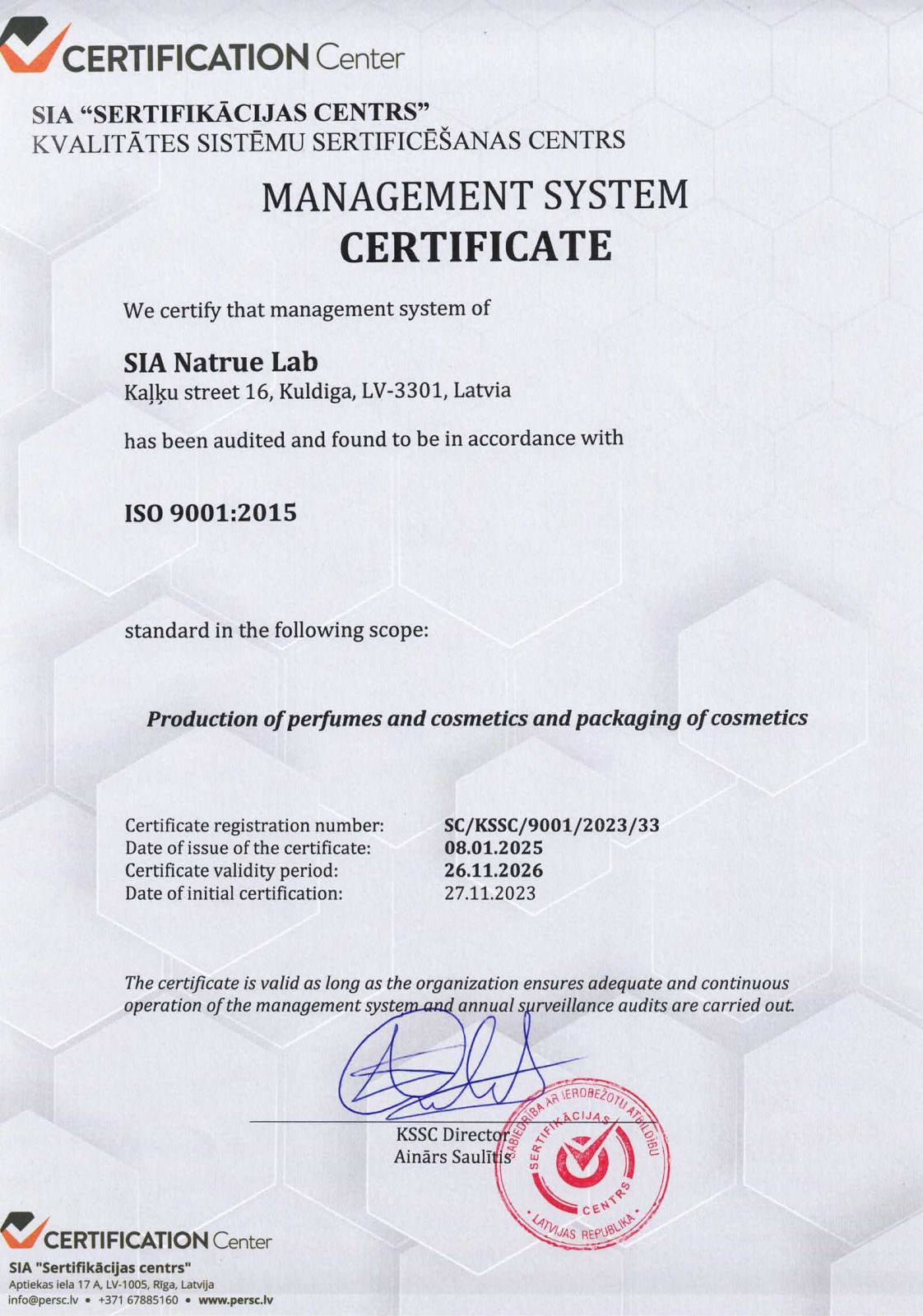 ISO 9001:2015 quality management system certificate for cosmetics production — Cosmetic Lab