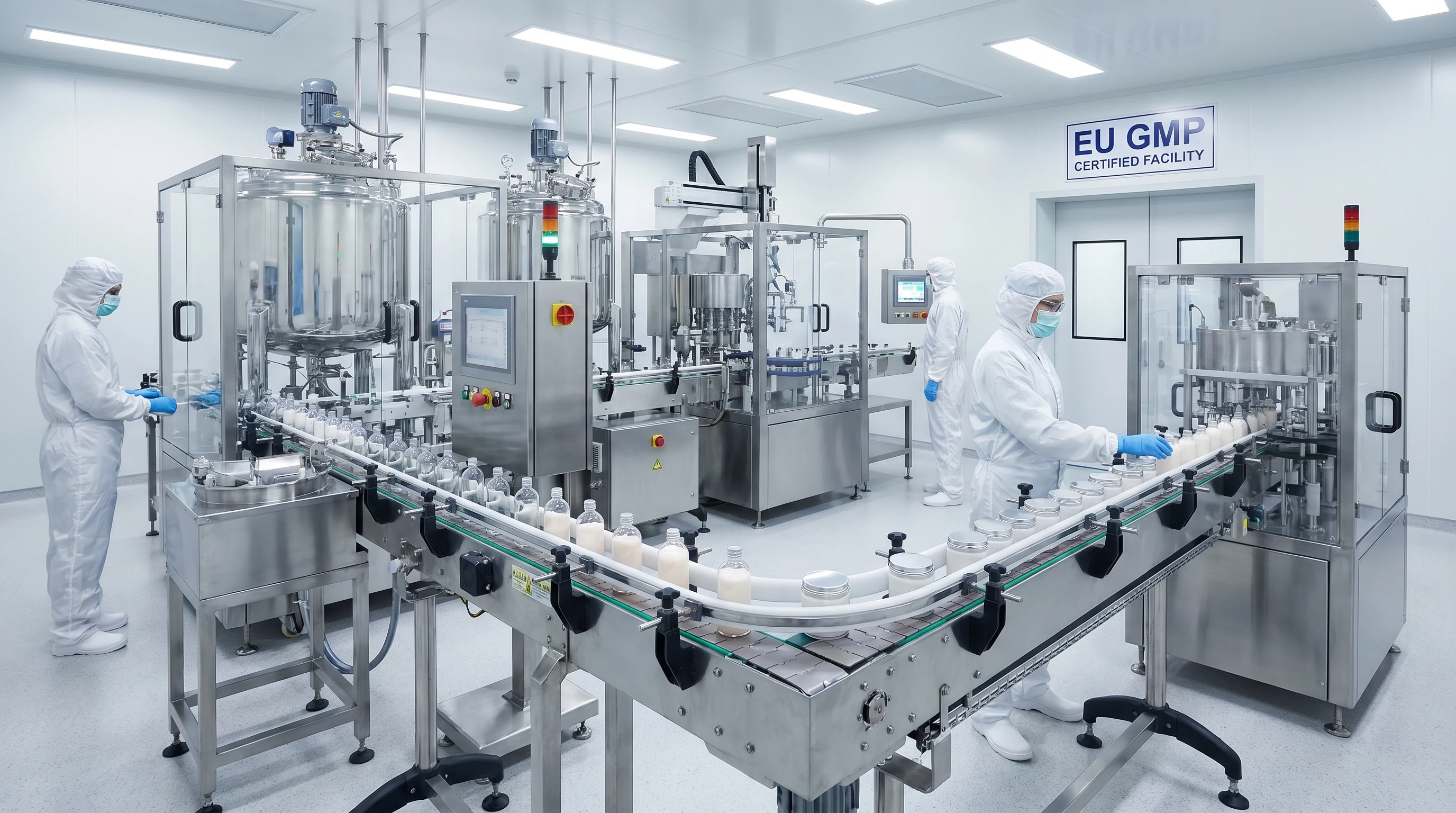 EU-certified cosmetics contract manufacturer production line at Cosmetic Lab Riga Latvia