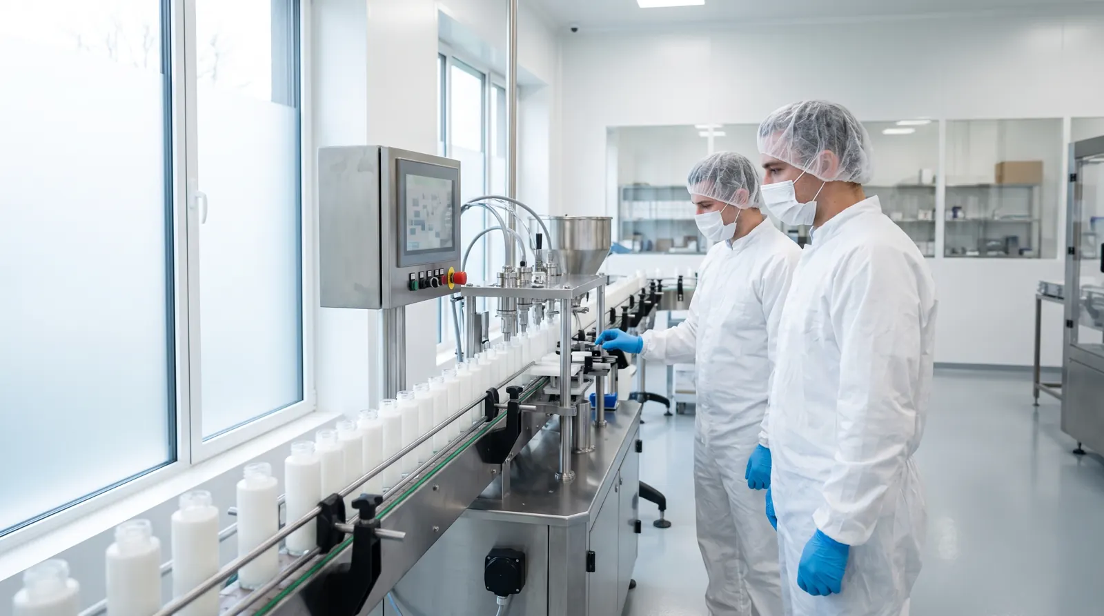 Cosmetics contract manufacturing filling line with operators in an EU GMP facility
