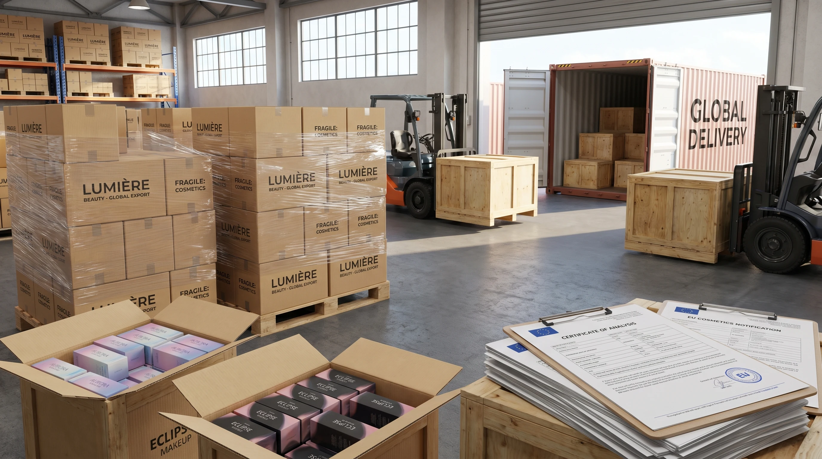 Cosmetics export packaging and documentation for worldwide shipping from EU manufacturer