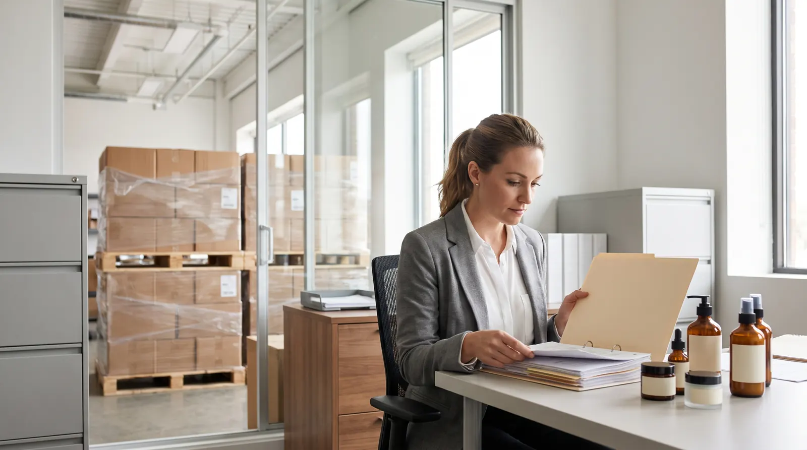 Regulatory specialist reviewing cosmetics export documentation next to packed pallets