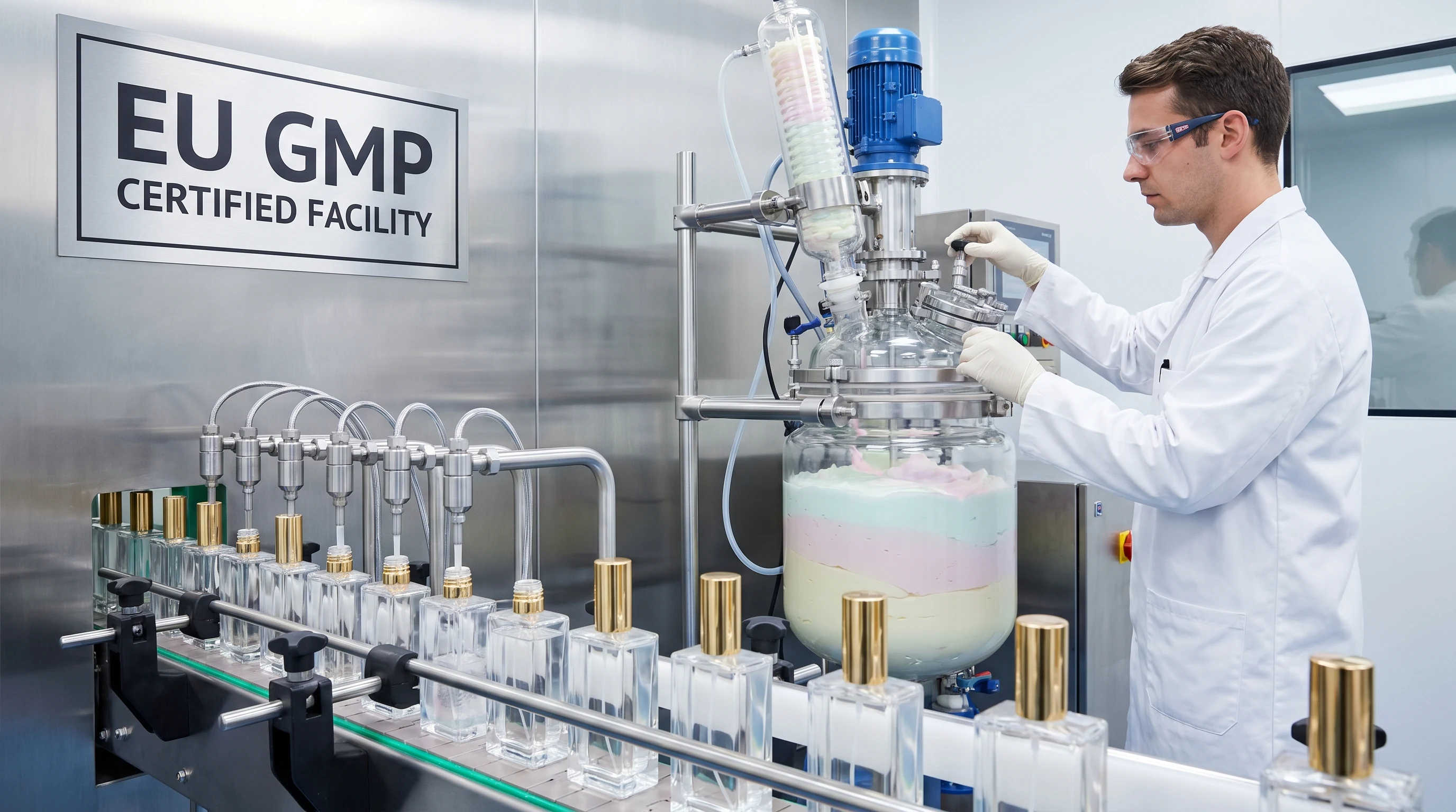 Cosmetics OEM contract manufacturing laboratory with formulation equipment and filling line