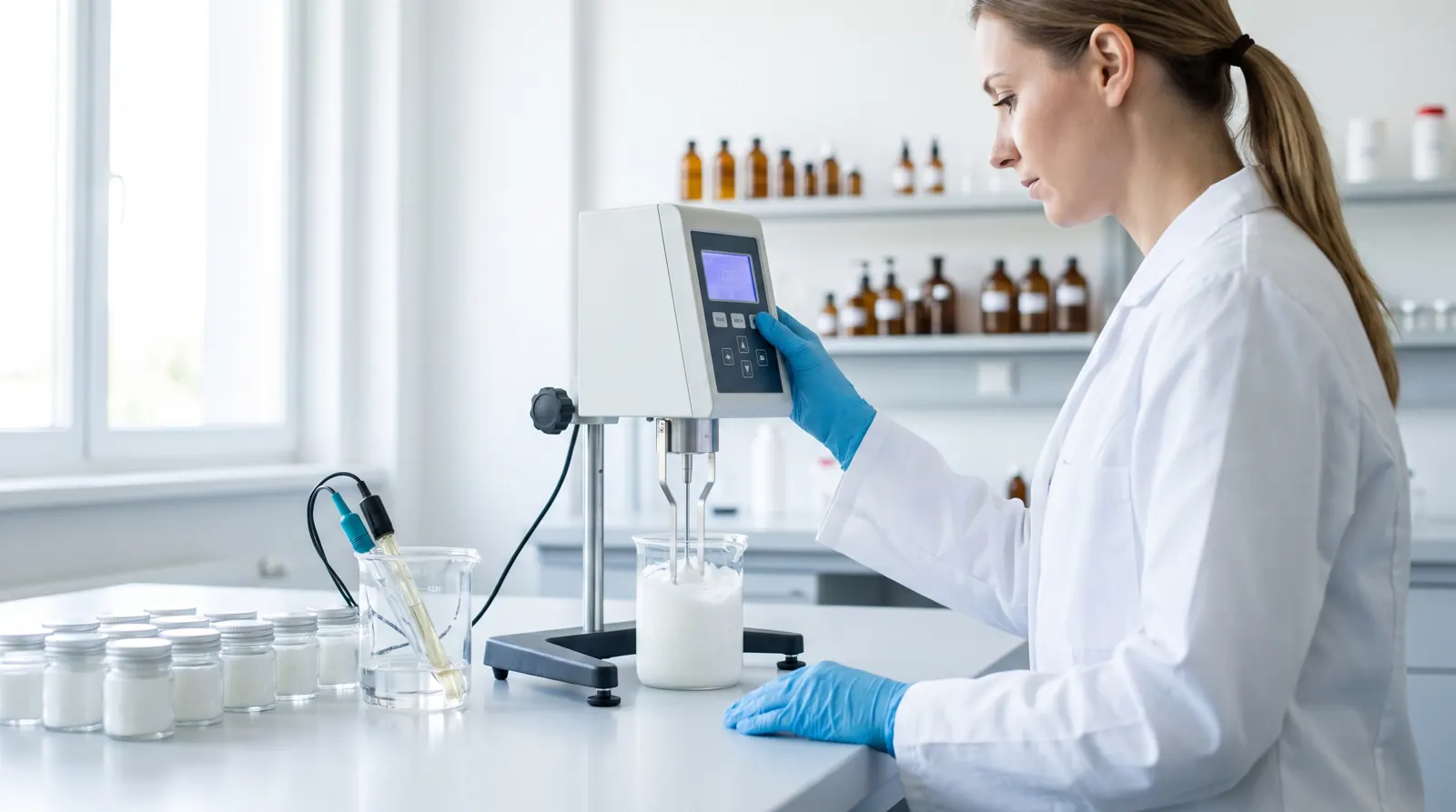 Quality control technician testing cream viscosity in a cosmetics QC laboratory