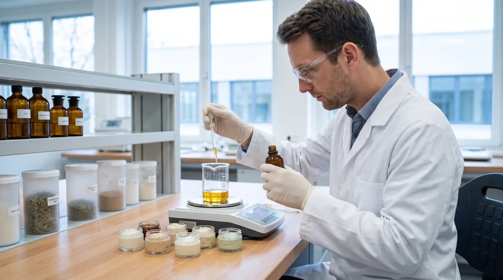Cosmetic formulator weighing botanical oil for custom OEM cream prototypes