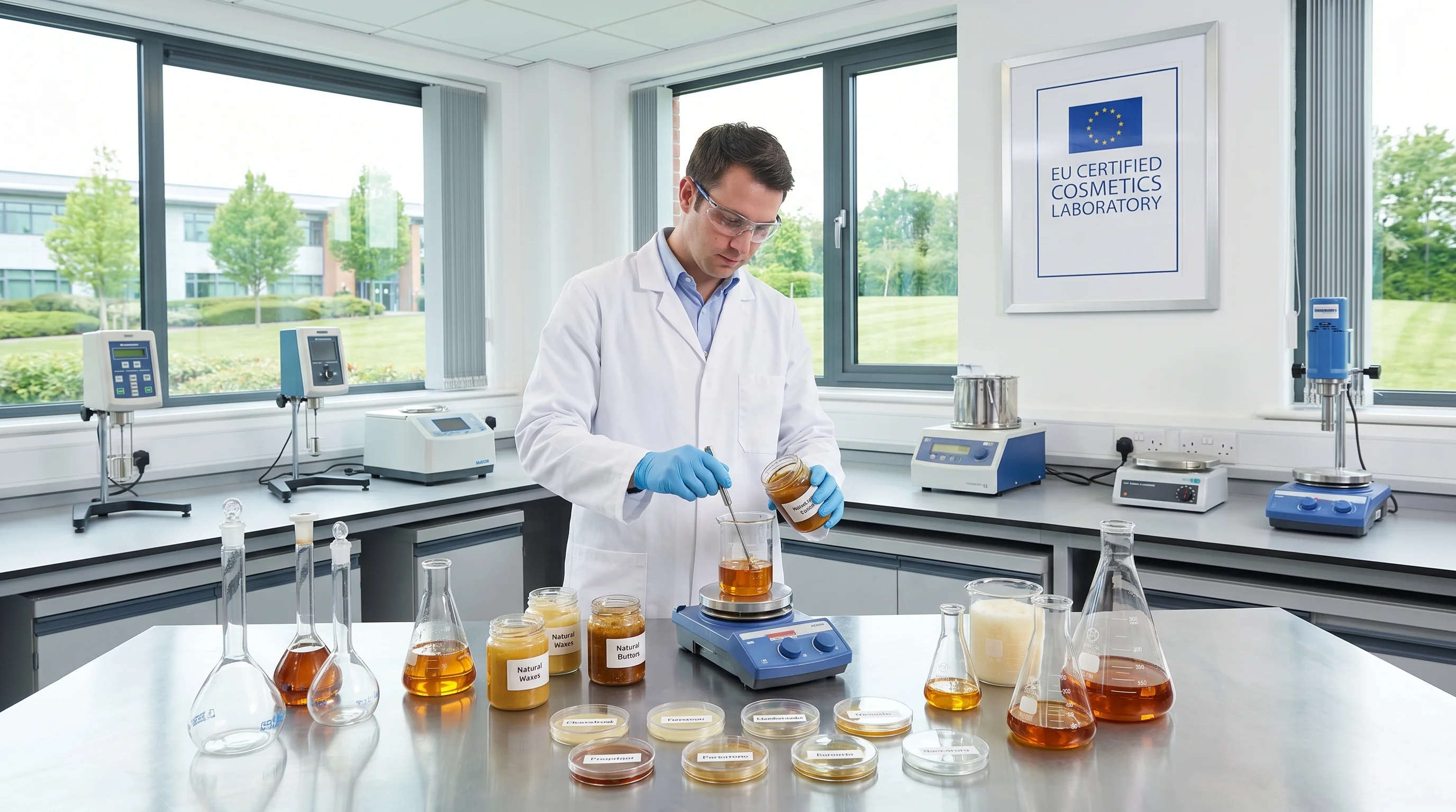 Custom cosmetic formulation services laboratory - R&D chemist developing natural skincare formulas at Cosmetic Lab Riga Latvia