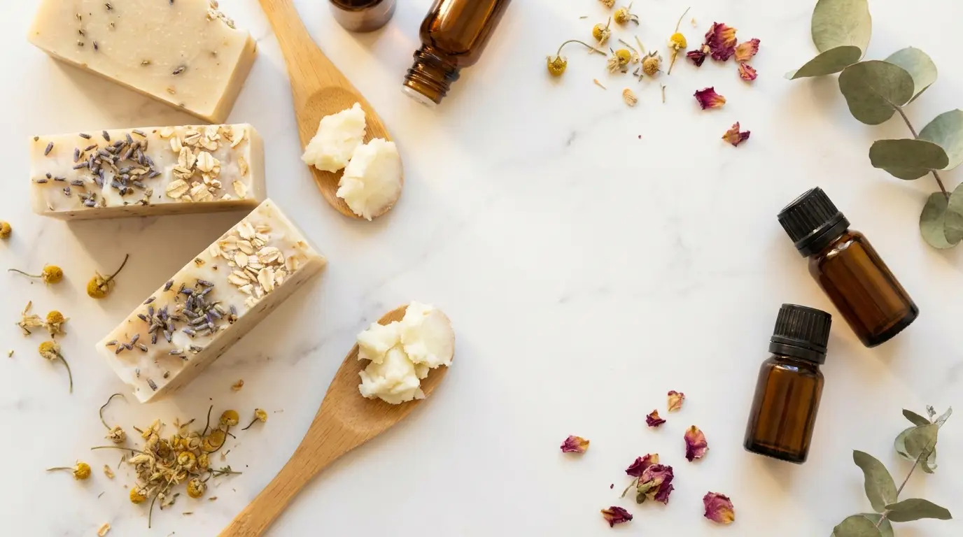 Organic cosmetics private label flat lay — COSMOS and NATRUE certified natural beauty products