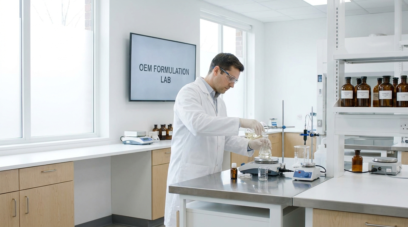 Custom OEM cosmetic formulation laboratory — R&D scientist with botanical ingredients at European manufacturing facility