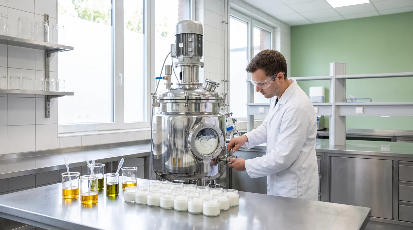 Cosmetic chemist operating a vacuum emulsifying mixer for an OEM cream batch