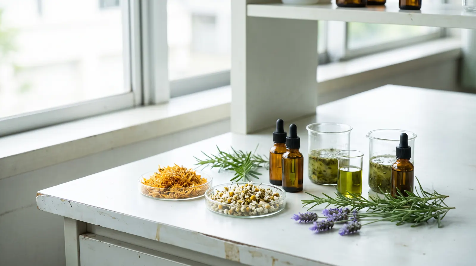 Organic botanical raw materials for COSMOS certified cosmetics, calendula, chamomile and cold-pressed oils