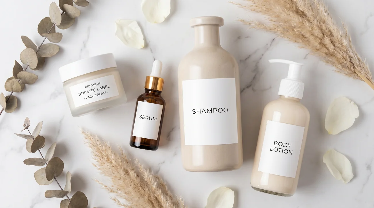 Private label cosmetics collection � face cream, serum, shampoo and body lotion with white label branding