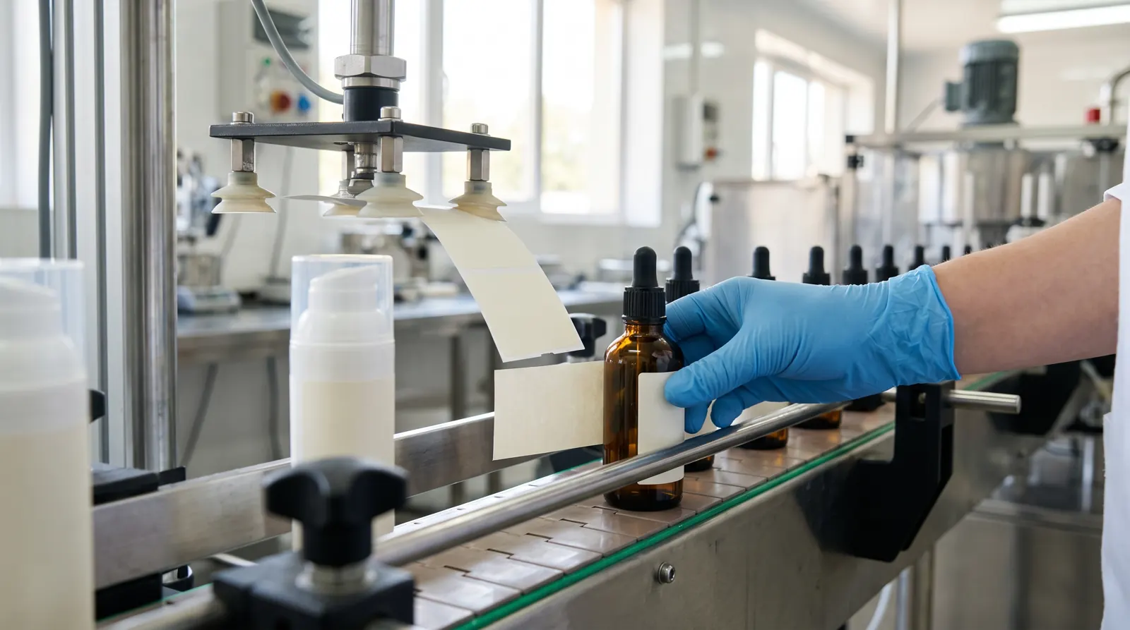 Labelling machine applying blank white labels to serum bottles for a white label brand