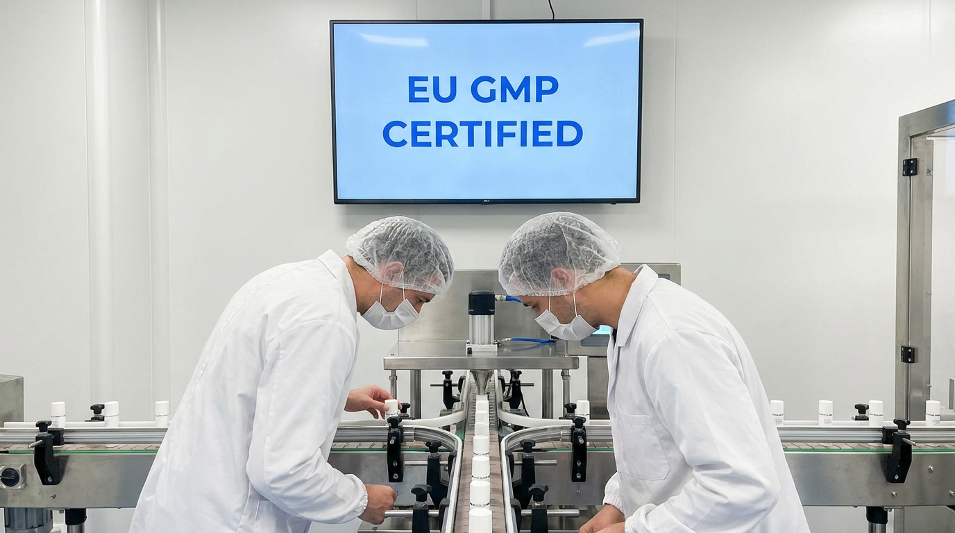 White label cosmetics branding process — skincare bottles being labelled in EU certified manufacturing facility