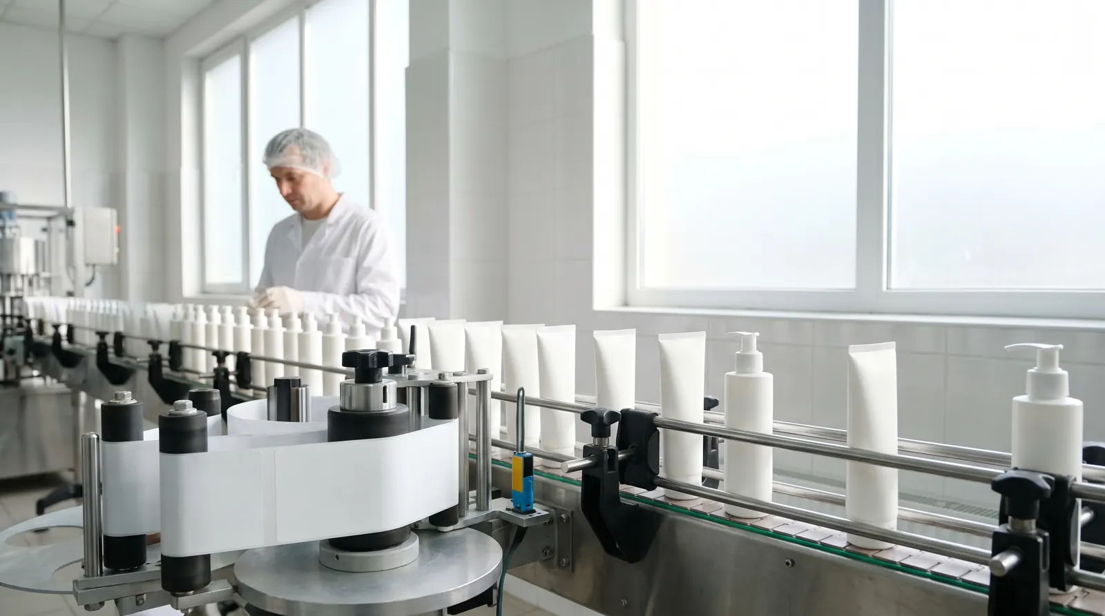 White label cosmetics tubes and bottles on a labelling production line