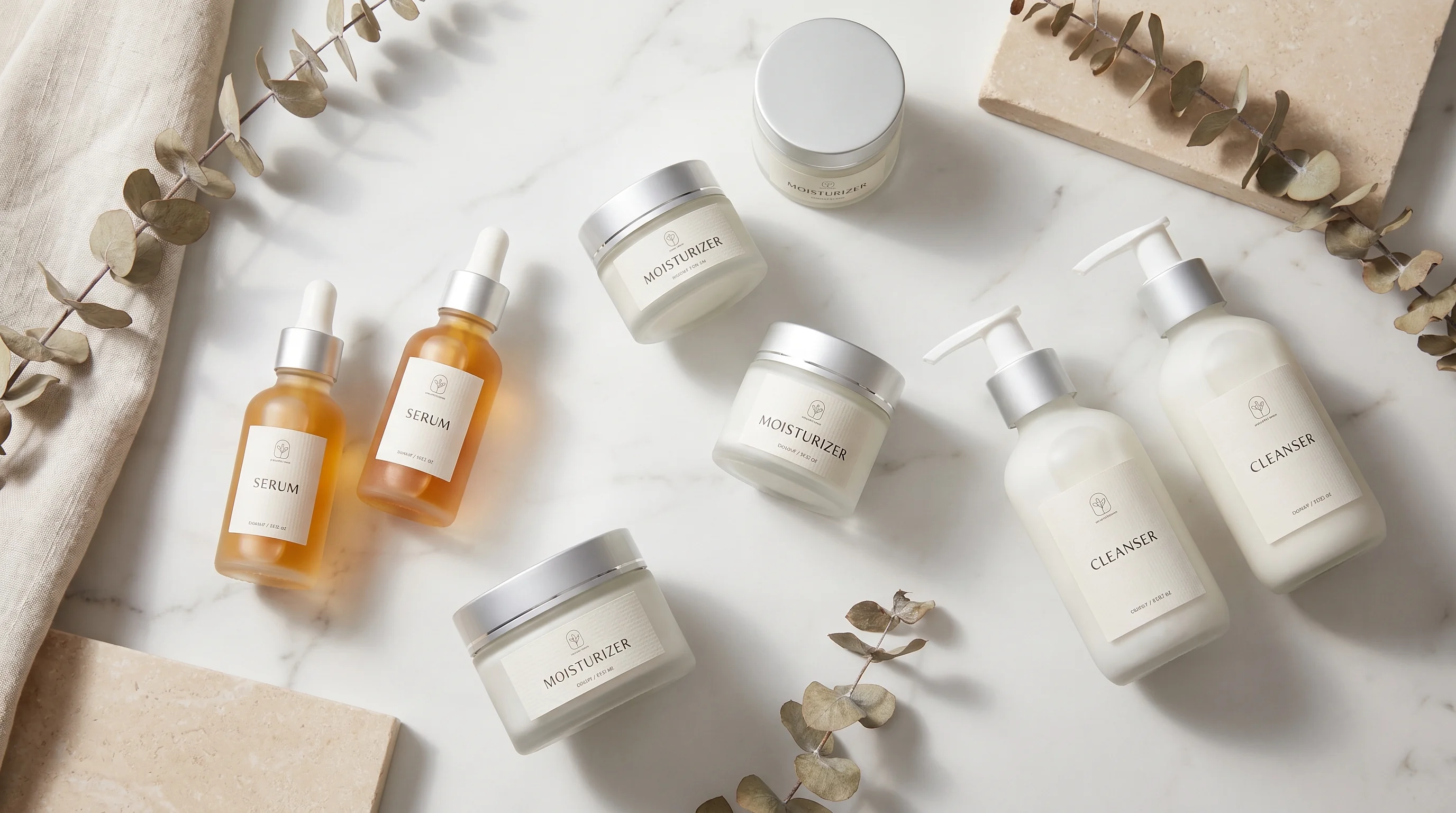 White label cosmetics Europe product range including skincare and haircare formulas