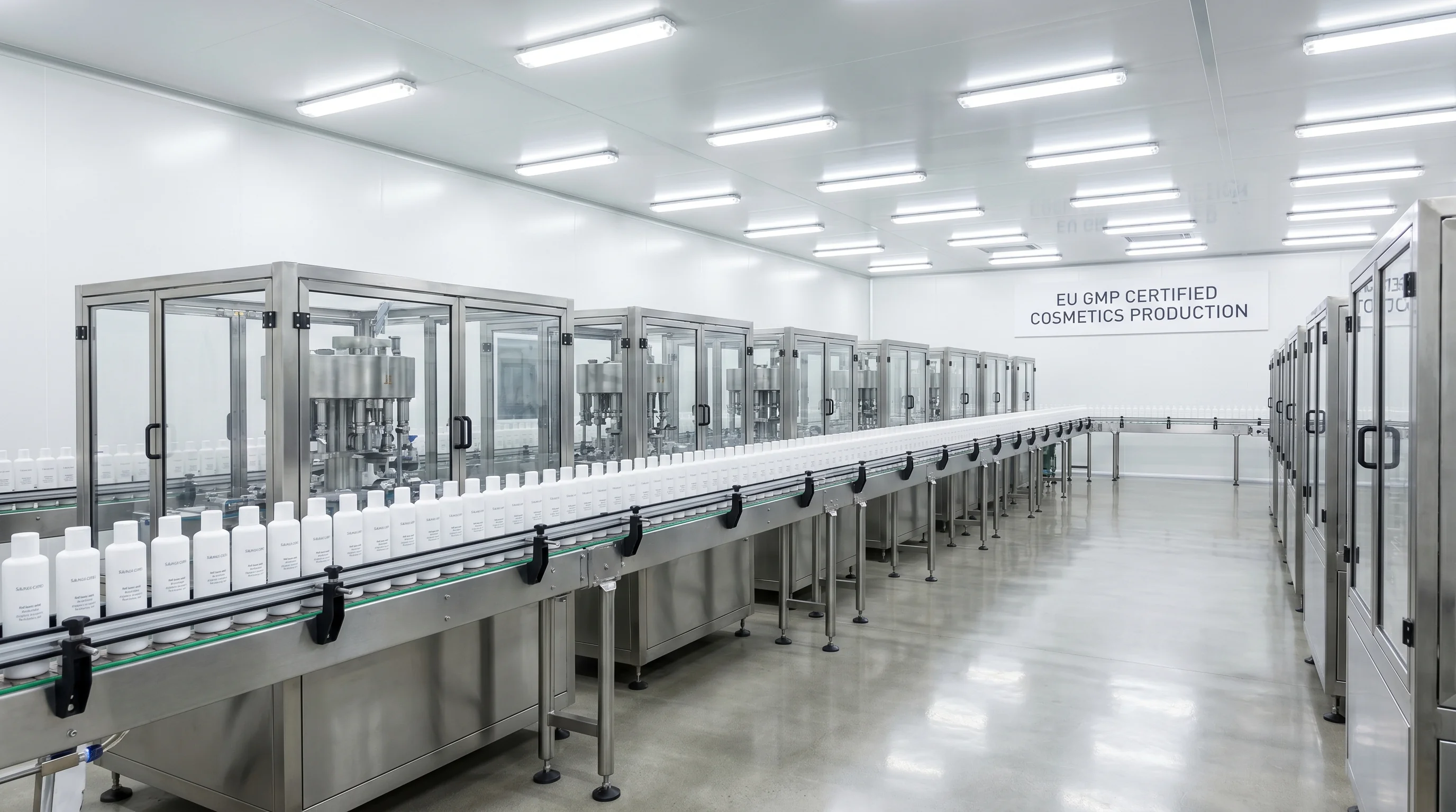 White label cosmetics manufacturer production line at Cosmetic Lab EU-certified facility